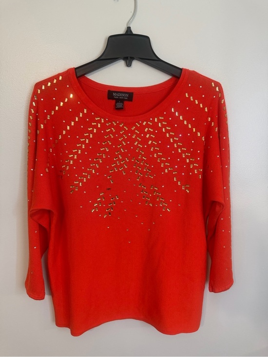 Madison Sweaters - Madison Orange Sweater with Gold Stud Embellishments 3/4 sleeve Size Large